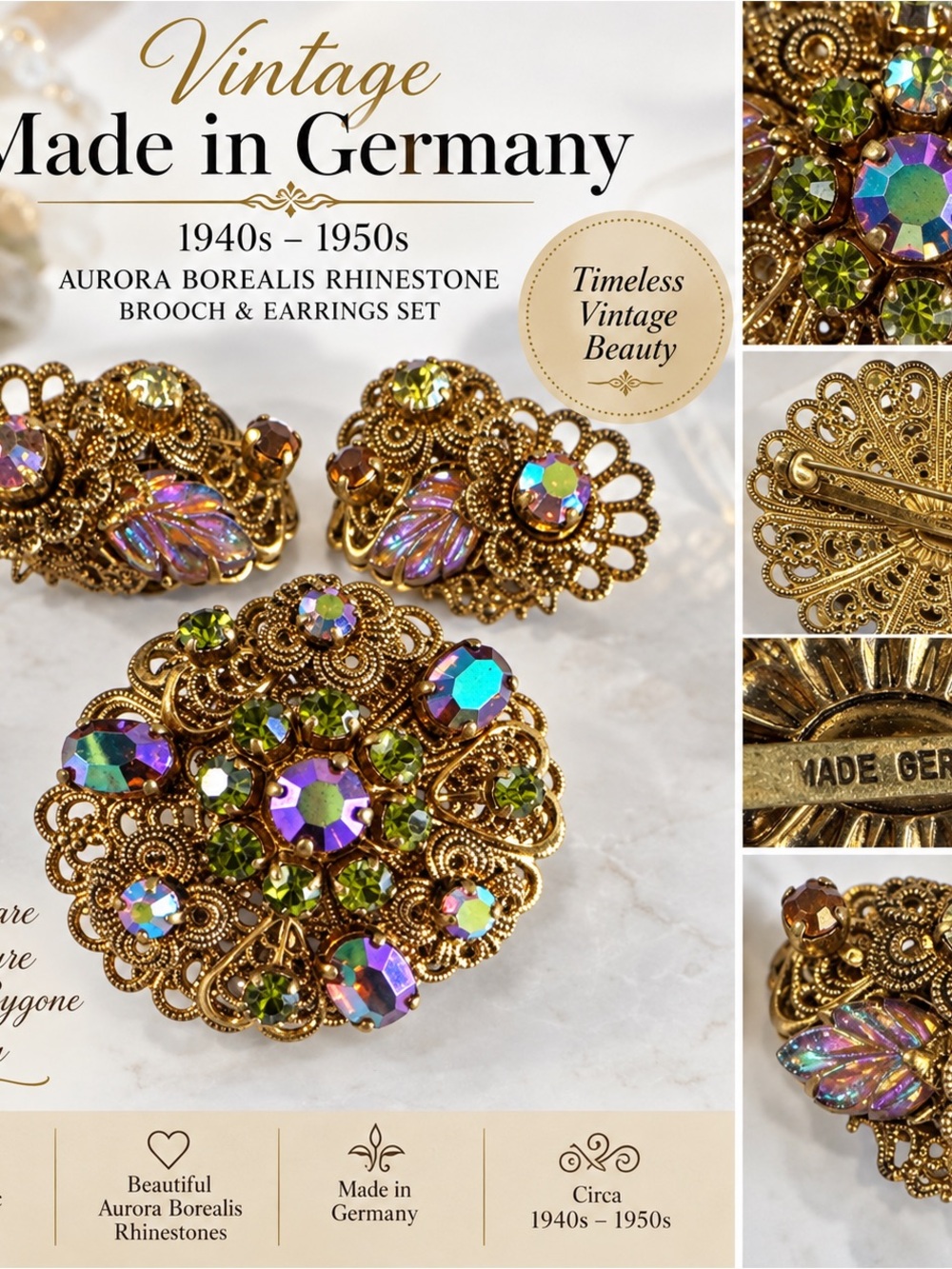 Vintage 1950’s made in Germany AB Rhinestone Filigree Aurora Borealis set. - Picture 1 of 7